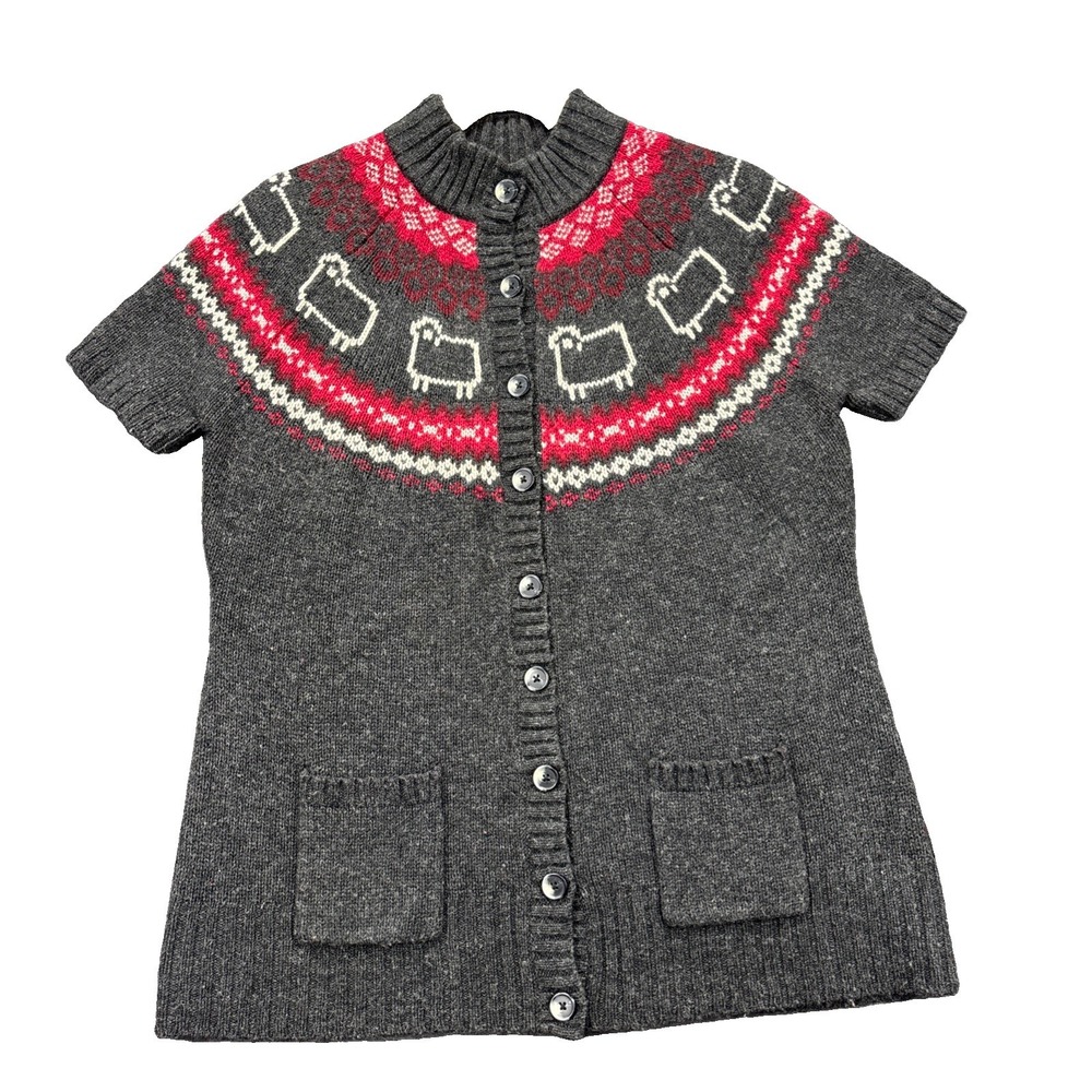 Woolrich Cardigan Sweater Womens XL Gray Onyx Lambs Wool Sheep Short Sleeve